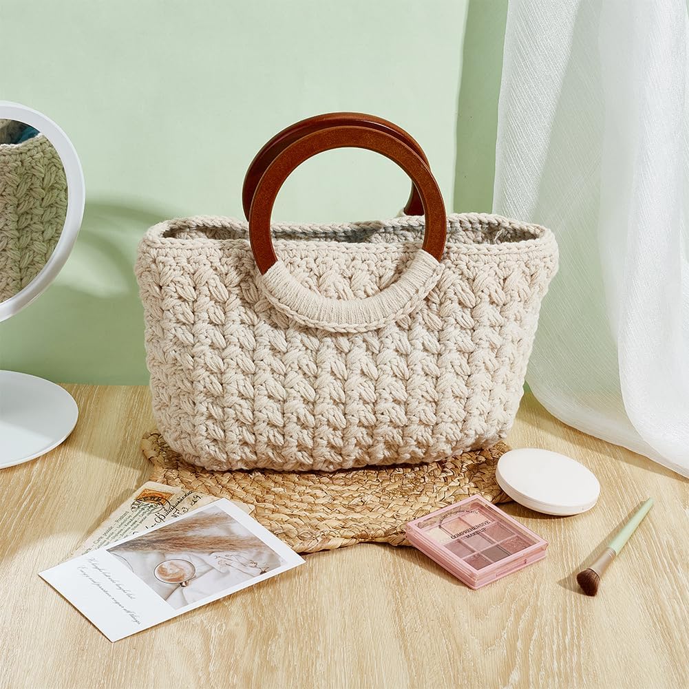 ACRNIGHEET Crochet Bag Kit for Beginners Adults Tote Bag Knitting Kit with 2 Wooden Handles Boho DIY Craft Kits Gift for Adults with Video Guide Tutorial Crochet Starter Kit (Beige)