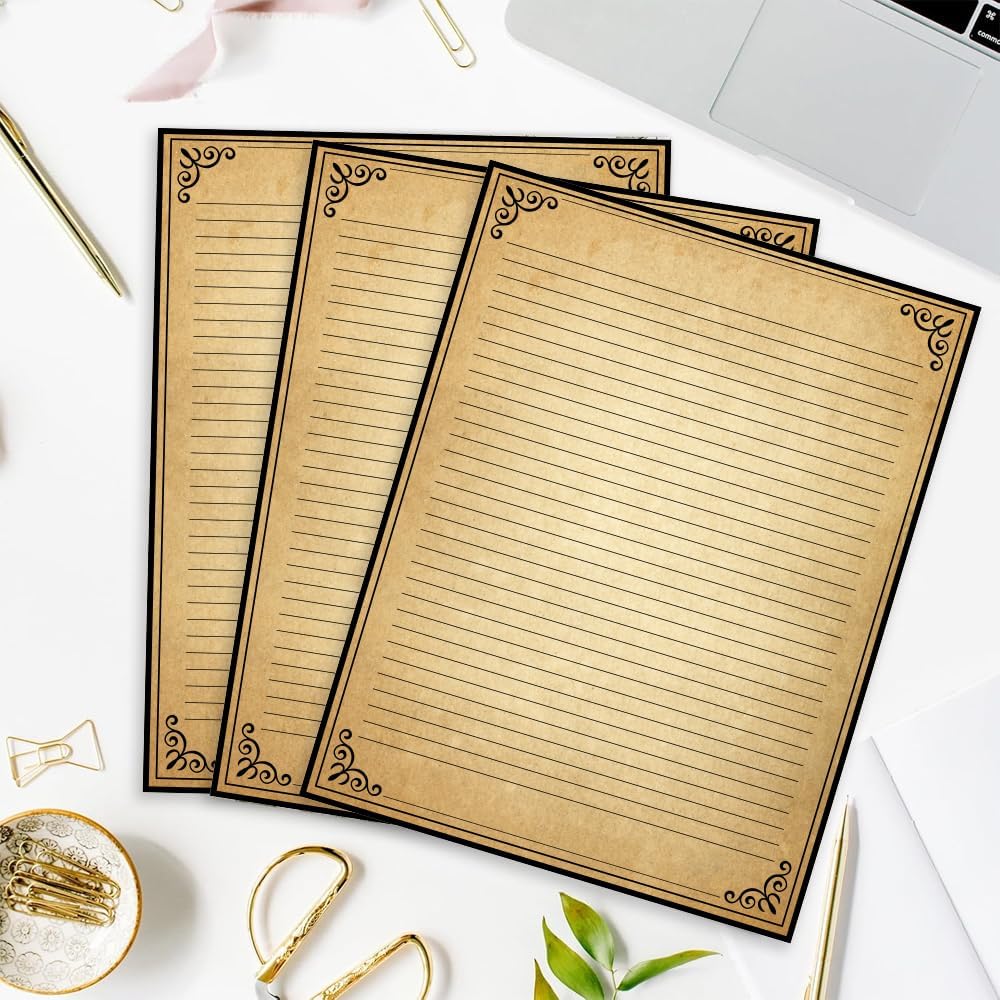 Vintage Lined Paper with Antique Border Design, 200 Sheets, Stationary Paper for Writing Letters, 100gsm, 11 x 8.5'', Aged Stationery for Writing Letters, Invitations, Stationery Writing Papers