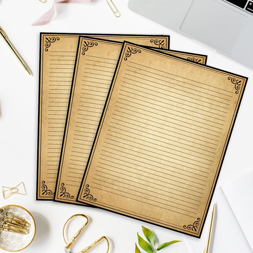 Papel rayado vintage con diseño de borde antiguo, 200 hojas, papel estacionario para escribir cartas, 100 g/m², 11 x 8.5 pulgadas, papelería envejecida para escribir cartas, invitaciones, papeles de