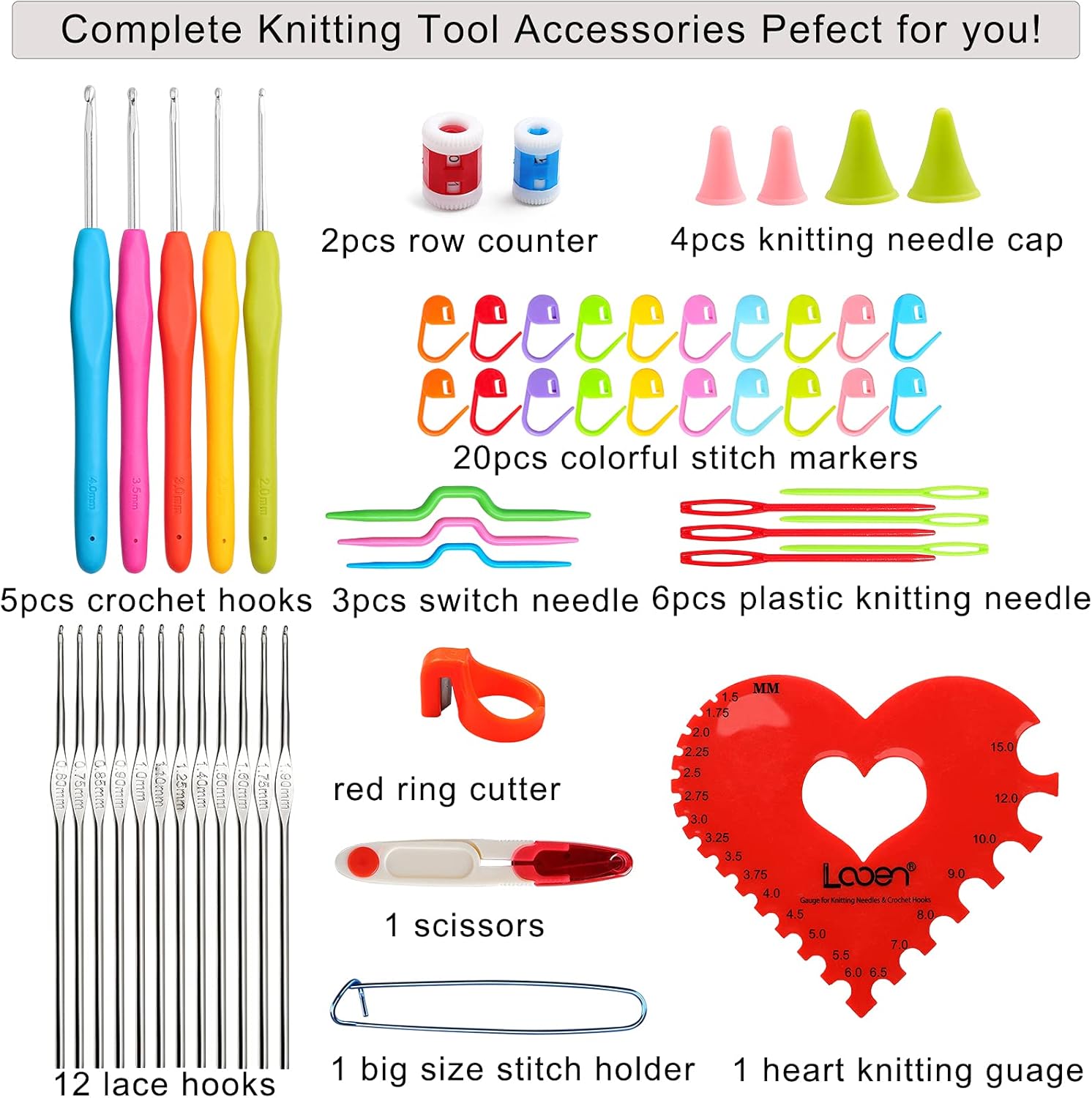 LOOEN Knitting Kit Bamboo Knitting Needles Kit 36 Pcs Single Pointed Bamboo Knitting Needles 2.0mm-10.0mm Knitting Kits with Case (Flower)