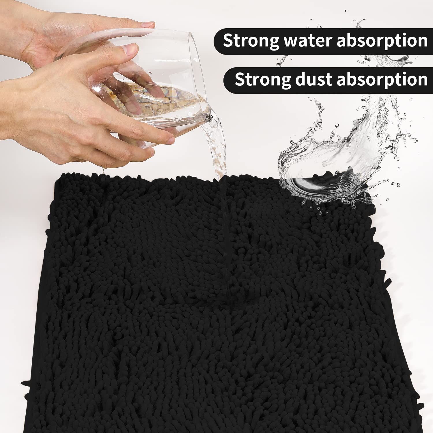Tappeti da bagno, super assorbenti, lussuosi tappeti da bagno in ciniglia, resistenti e morbidi, lavabili per vasca, (nero, 50,8 x 50,8 cm + 43,2 x 61 cm + 50,8 x 81,3 cm)