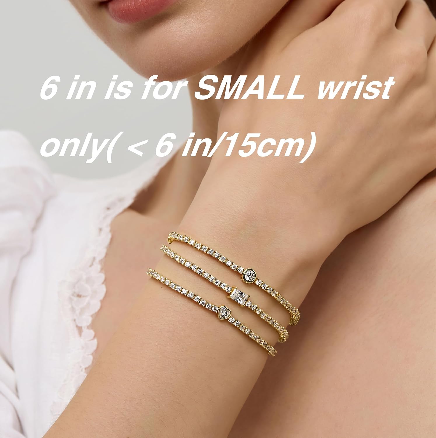 14K Gold Bracelets for Women - Simulated Diamonds Gold Bracelet, Cubic Zirconia Stones Baguette Round Heart Cut Stacking Bracelets for Women
