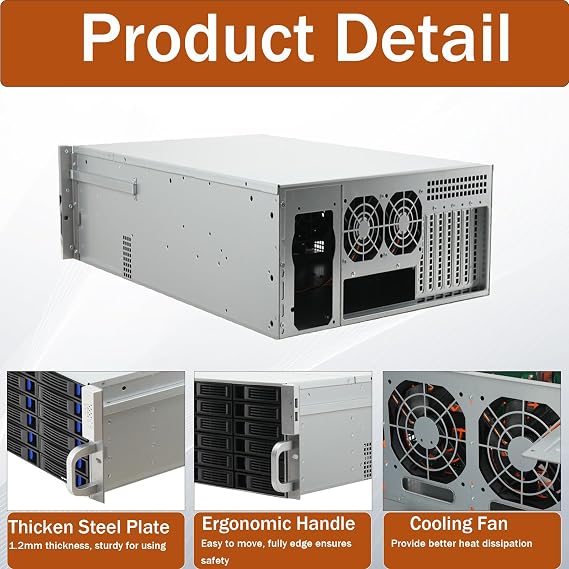 Server Case 4U, 4U Server Chassis with 24 Hard-Drive, 4U Rack Mount PC Case | Middle 3x 120mm Fan Rear 2X 80mm Fans, 7 x PCI Slot 4U Rack Case, Server Rack Case