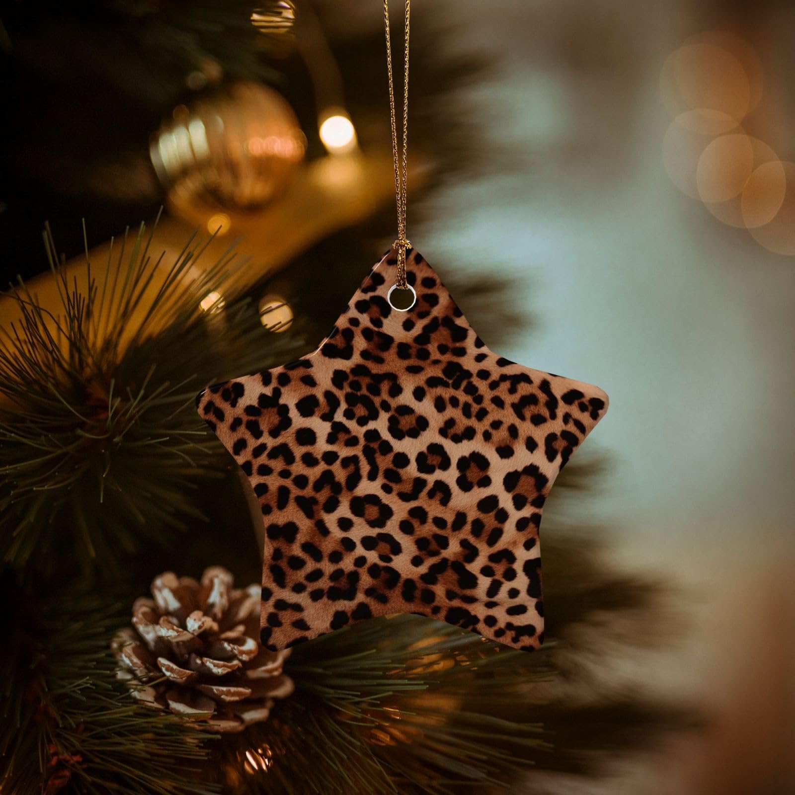 Christmas Ornaments for Christmas Tree Decoration Hanging Leopard Print Ornament with Gold Ribbon Crafts Star Shape Ceramic Pendant for Keepsake Gifts Xmas Decor Party Supplies