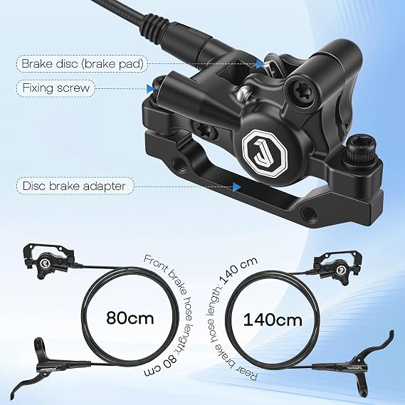 Hydraulic Brake Set, MTB Disc Brake Set with Front 80cm & Rear 140cm Hoses. Breaks for Bikes, Includes 2 x 160mm Rotors & Mounting Screws for Mountain Bike Brakes, Rear Brake Compatible