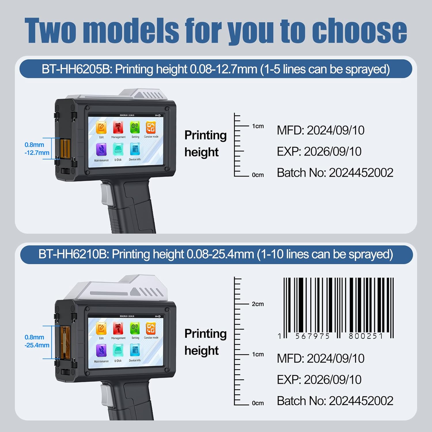 Handheld Inkjet Printer BT-HH6205B, 0.5 Inches Print Height Inkjet Coder with 42ml Fast-Drying Ink Date Printer Support Variable Text/Number/QRcode, Batch Code Printer Support Extra Font