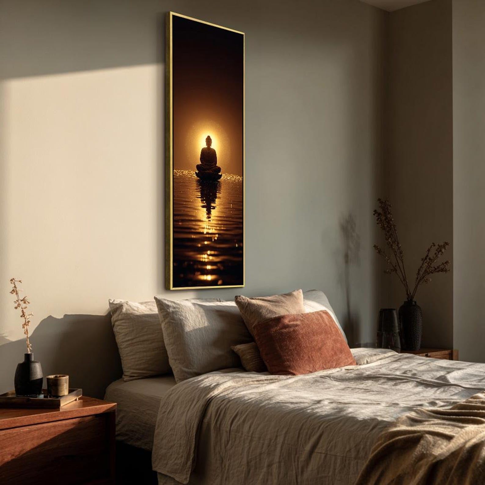 XINBAO Cuadro alto y estrecho, lienzo grande de Buda para pared, pintura de Buda larga y delgada, lámina espiritual vertical para la decoración de una sala de yoga (60x180cm/marco interior).