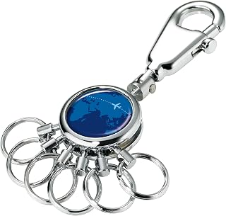 Around THE World – #KYR01-A037 – Keyring with Carabiner Hook – 6 Exchangeable Rings – Metal– Shiny – Chrome Plated – Silver, Blue – TROIKA-Original