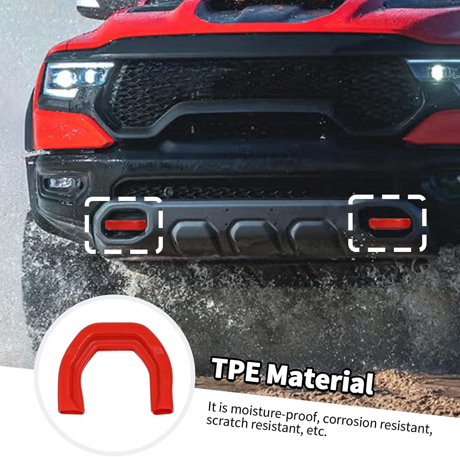 Jimen Fit for Dodge Ram 1500 TRX 2021-2024, 2PCS Front Tow Hook Cover Trailer Hitch Covers (Red)