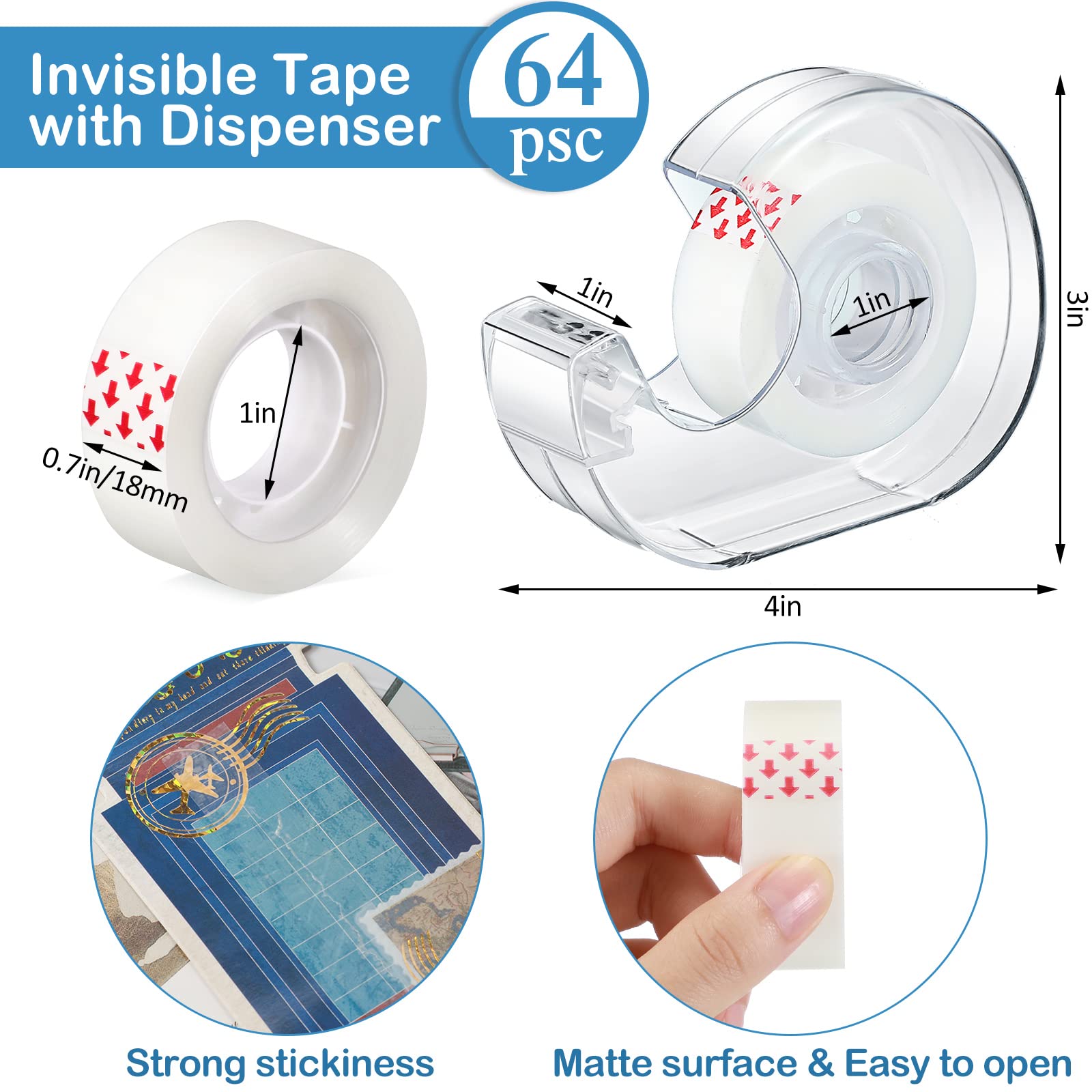 Unsichtbares Klebeband und nachfüllbarer Spender 0,7 x 985 Zoll Transparent Klebeband Nachfüllpackungen Schreibtischbandspender für Büro Zuhause Schule (64)