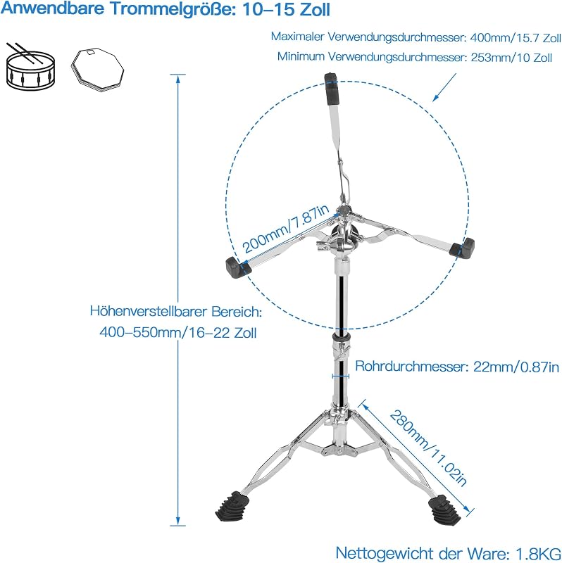 aleawol Állítható Dobszínpad 40-55 cm, Duplán Merevített Snare Drum Stand Acél Nyelvdobhoz