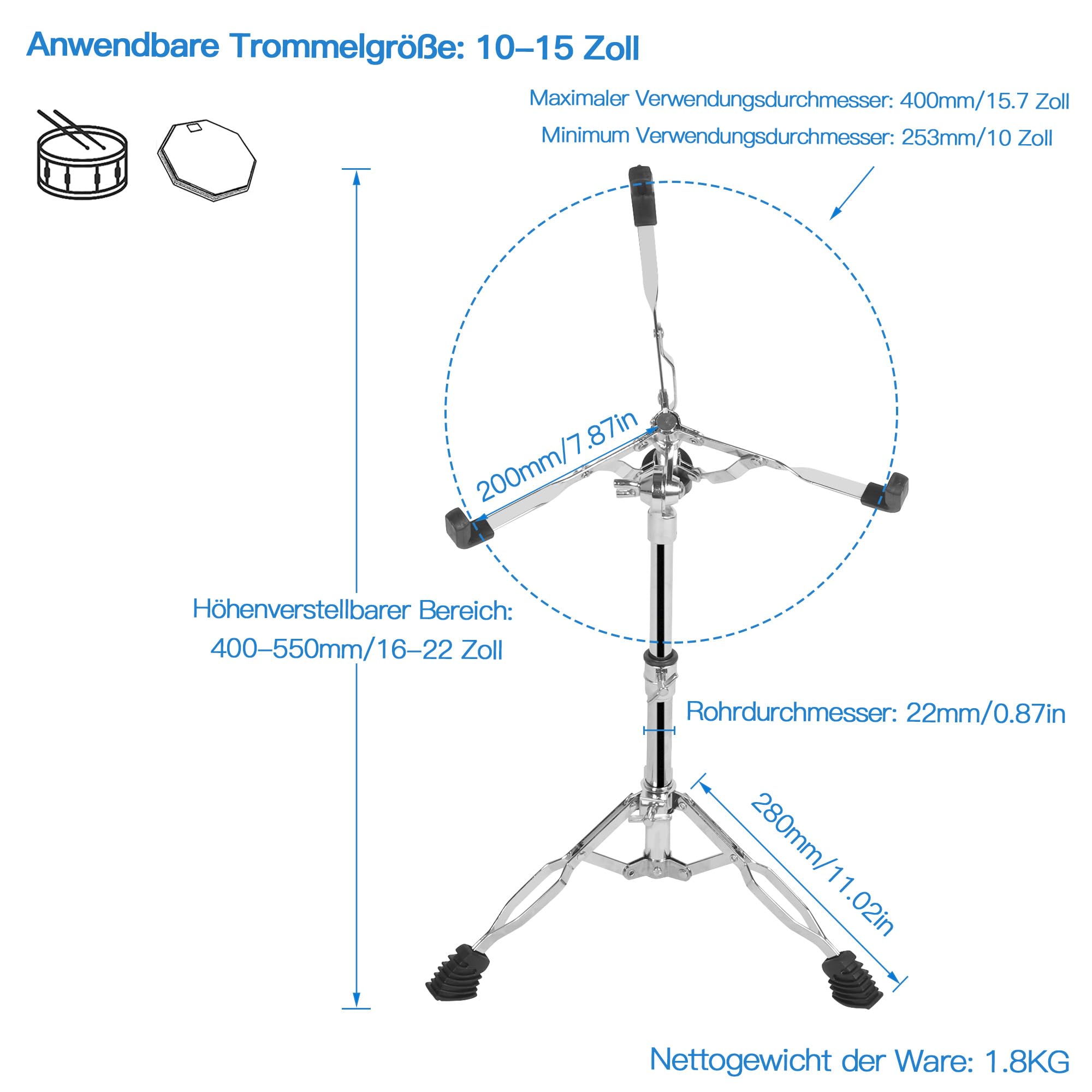 aleawol Snare - Soporte para tambor (altura ajustable 40 – 55 cm, ángulo ajustable, doble punta, para tambor de 25 – 38 cm)