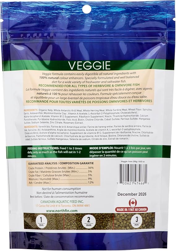 Northfin Veggie Fish Food, Slow-Sinking Pellets, 1mm, 250g | Veggie Formula; slow-sinking pellets for herbivorous & omnivorous fish; organic kelp first ingredient; crafted in Canada