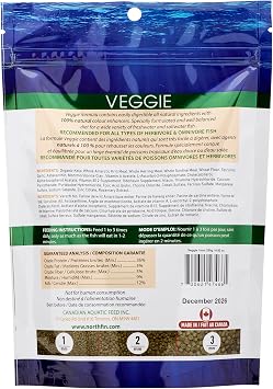 Northfin Veggie Fish Food, Slow-Sinking Pellets, 1mm, 250g | Veggie Formula; slow-sinking pellets for herbivorous & omnivorous fish; organic kelp first ingredient; crafted in Canada