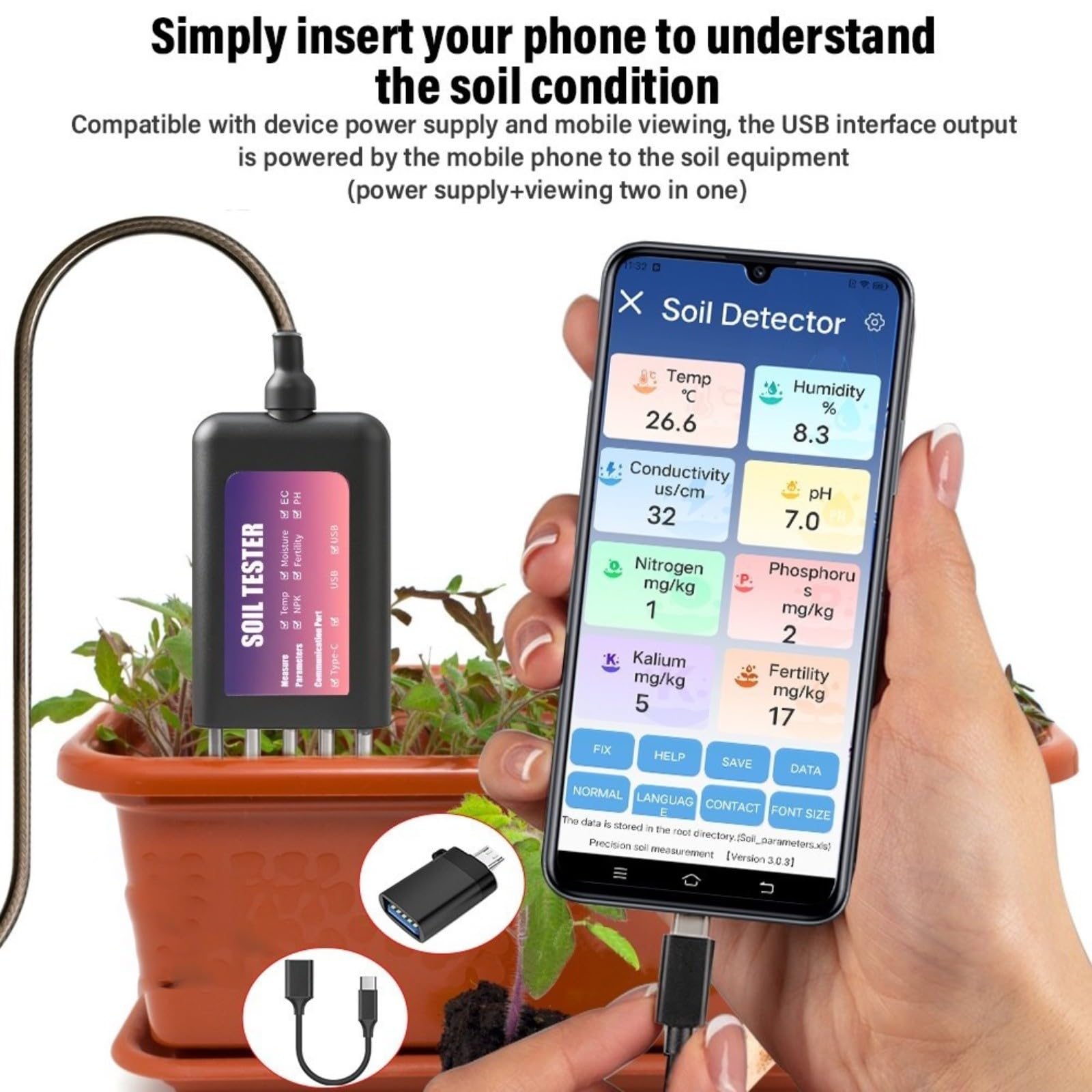 1 paquete para probador inteligente de suelo NPK medidor de temperatura de humedad pH para monitoreo de granja de jardín datos en tiempo real IP68 impermeable negro