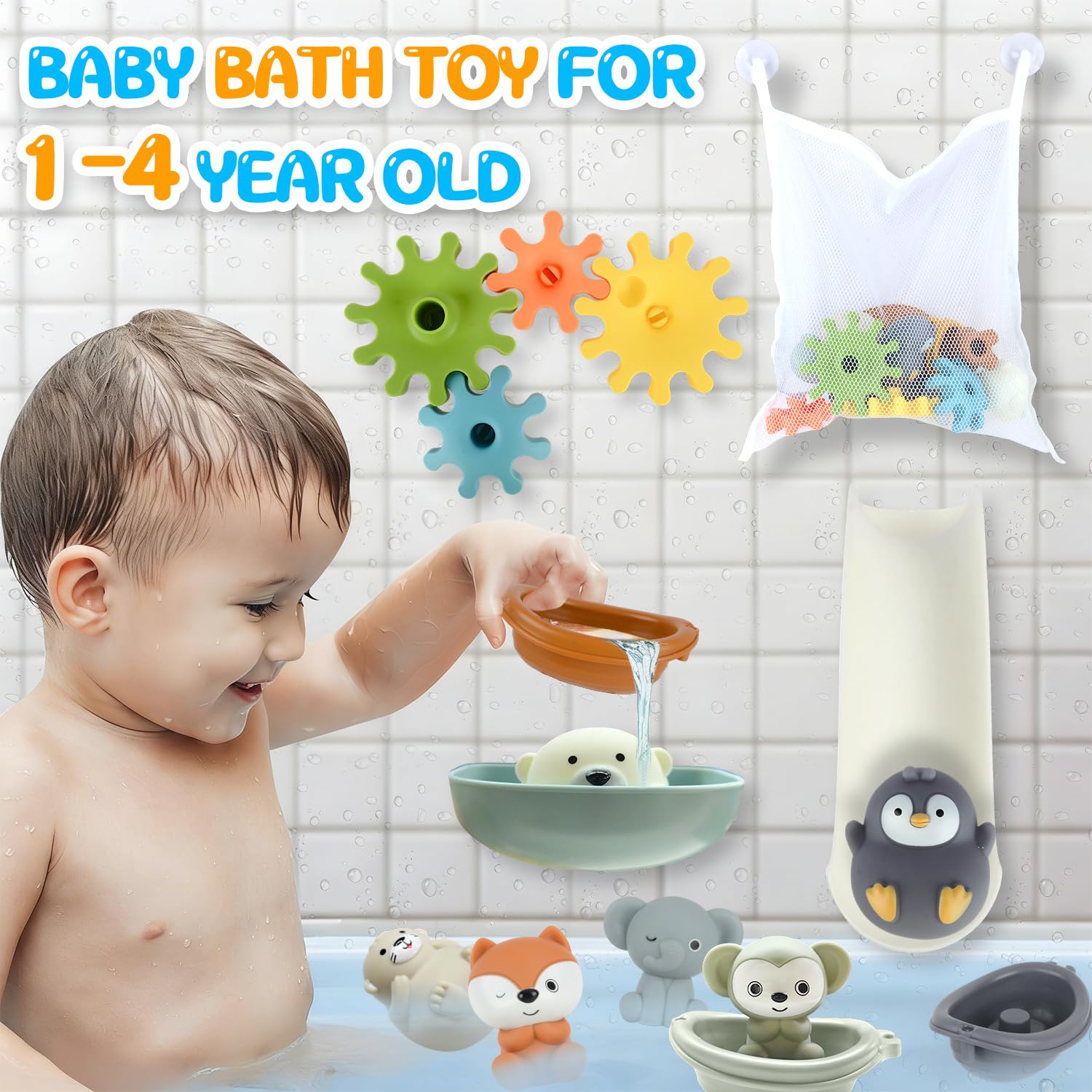 Juguetes Baño Bebe, Juguetes Bañera con Tobogán, Engranajes, Barcos Apilables y Bolsa de Almacenamiento, Juguetes para Baño Juegos de Agua Juguetes Educativos Regalos para Niños Niñas 1 2 3 4 Años