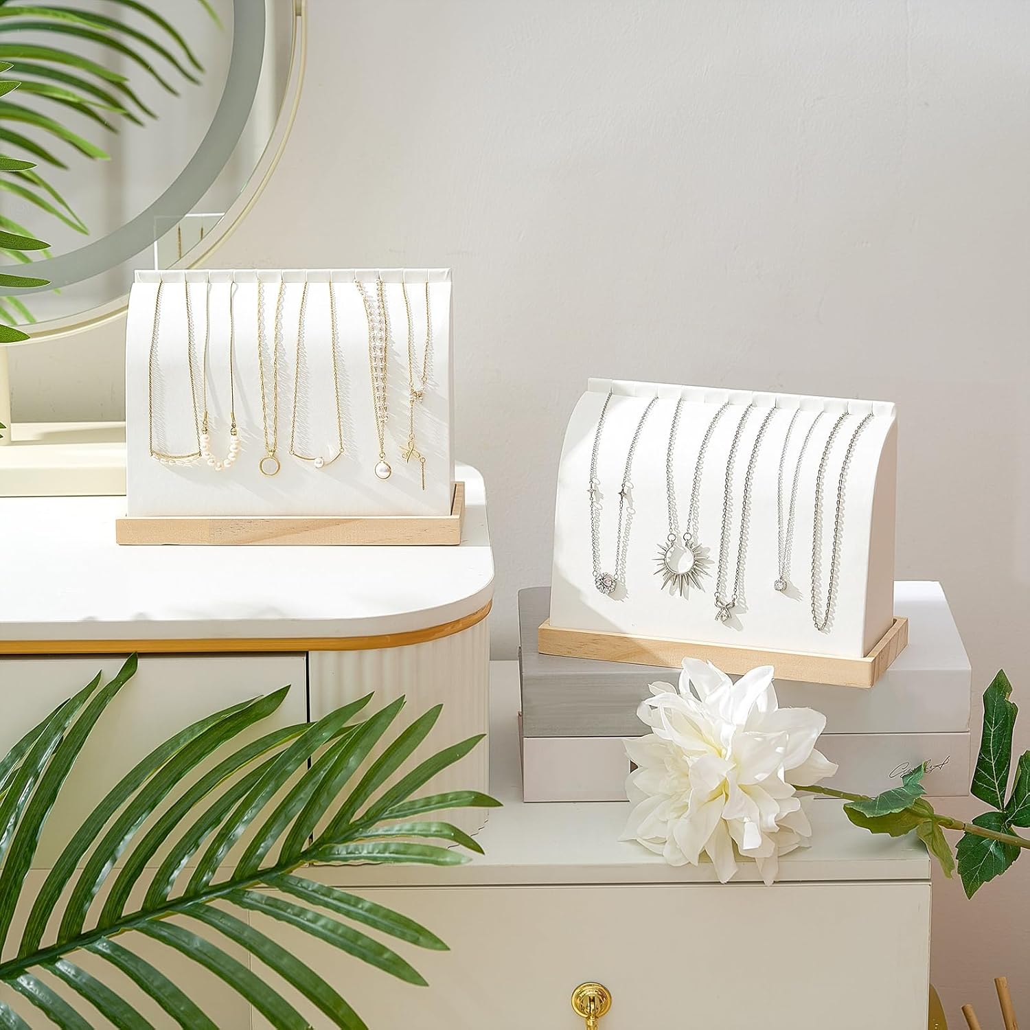 RattanView 2 Pieces Cambered Wooden Necklace Display Stand with Soft Mat Necklace Holder Jewelry Display for Vendors Home Boutique Countertop Pendant Chain Chokers Organizer Pendant(White,PU Leather)
