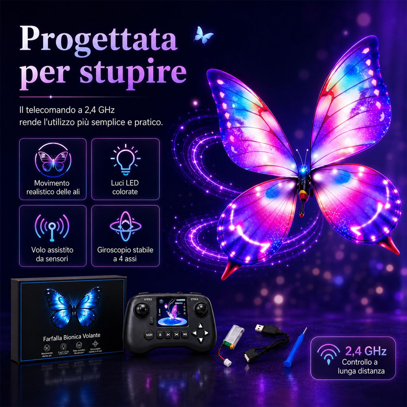 Drone Farfalla RC Bionico, Giocattolo Volante ad Ali Battenti con Luci LED e 3 Batterie, Controllo Assistito da Sensori per Principianti e Adulti