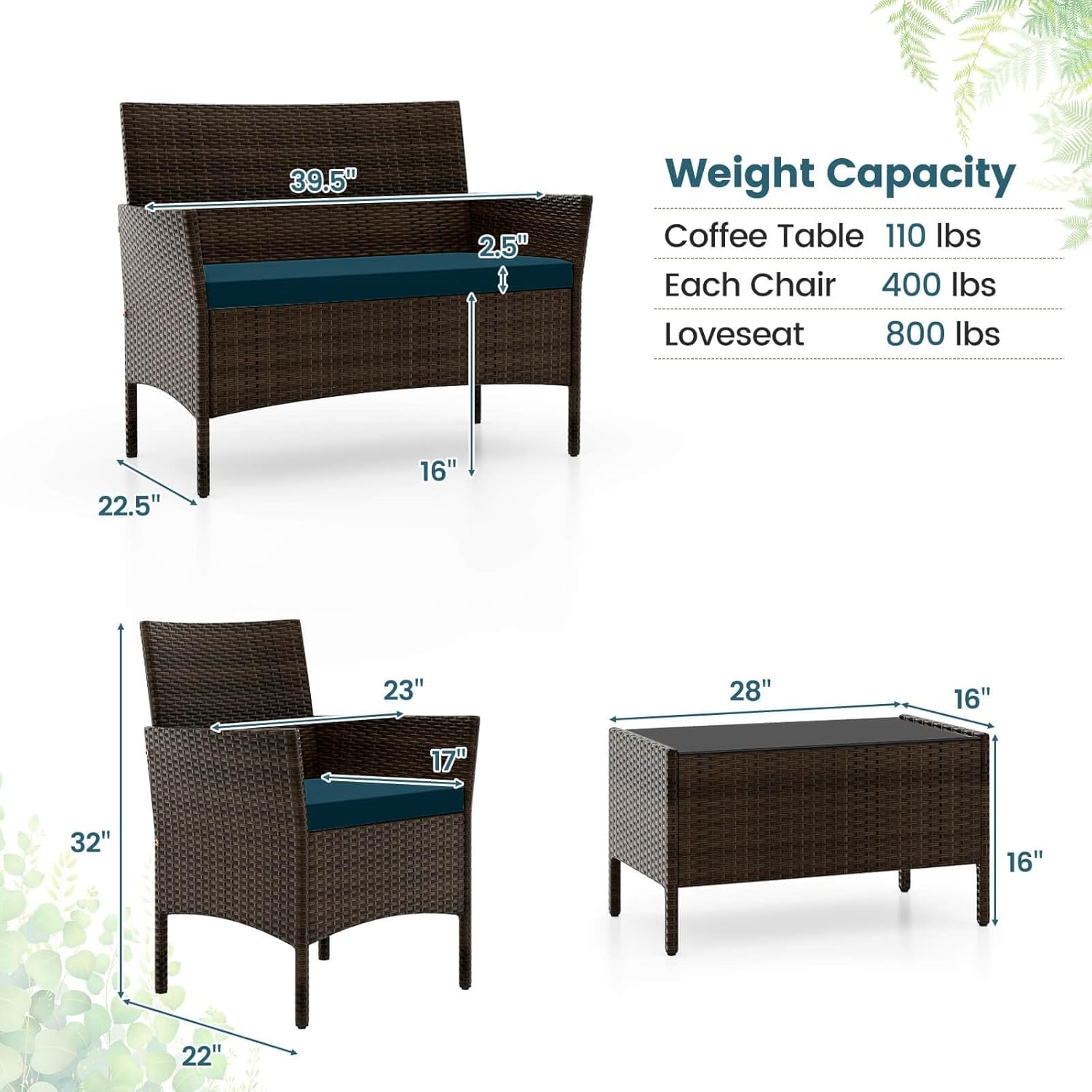 4 PCS Patio Furniture Set with Washable Cushions and Sturdy Tempered Glass Coffee Table