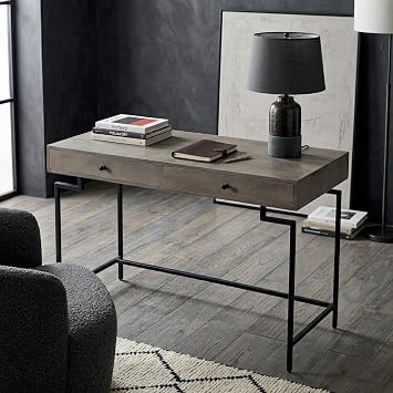 Hives & Honey Cade Desk, 47.5 Modern Writing Desk with 2 Drawers, Wood Top & Metal Frame, Industrial Home Office Desk or Console Table for Bedroom or Living Room, Grey