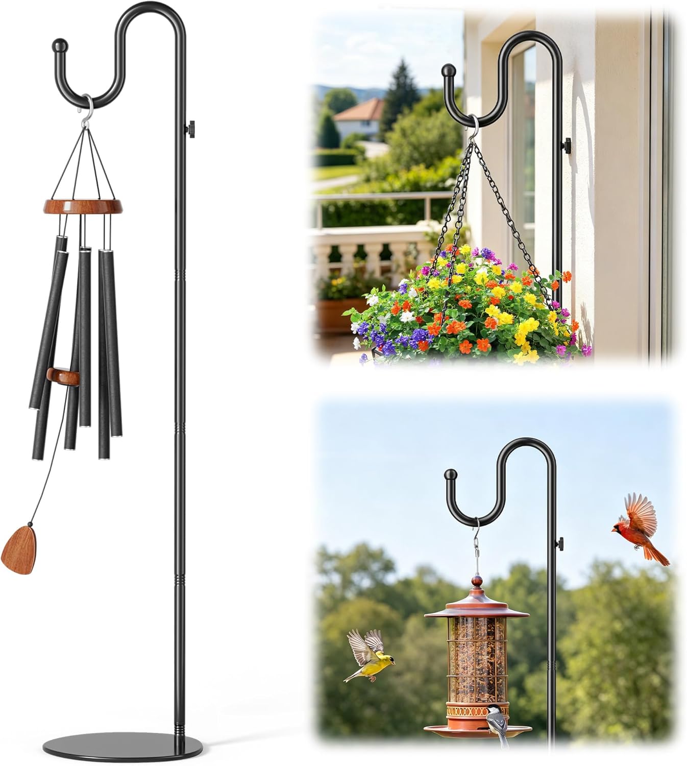 74" Shepherds Hook Stand, Adjustable Wind Chime Stand for Outside, Heavy Duty Free Standing Plant Hanger Pole for Bird Feeders, Lanterns, Wreaths & Hanging Plants, Indoor Outdoor, Holds Up to 20 LBS