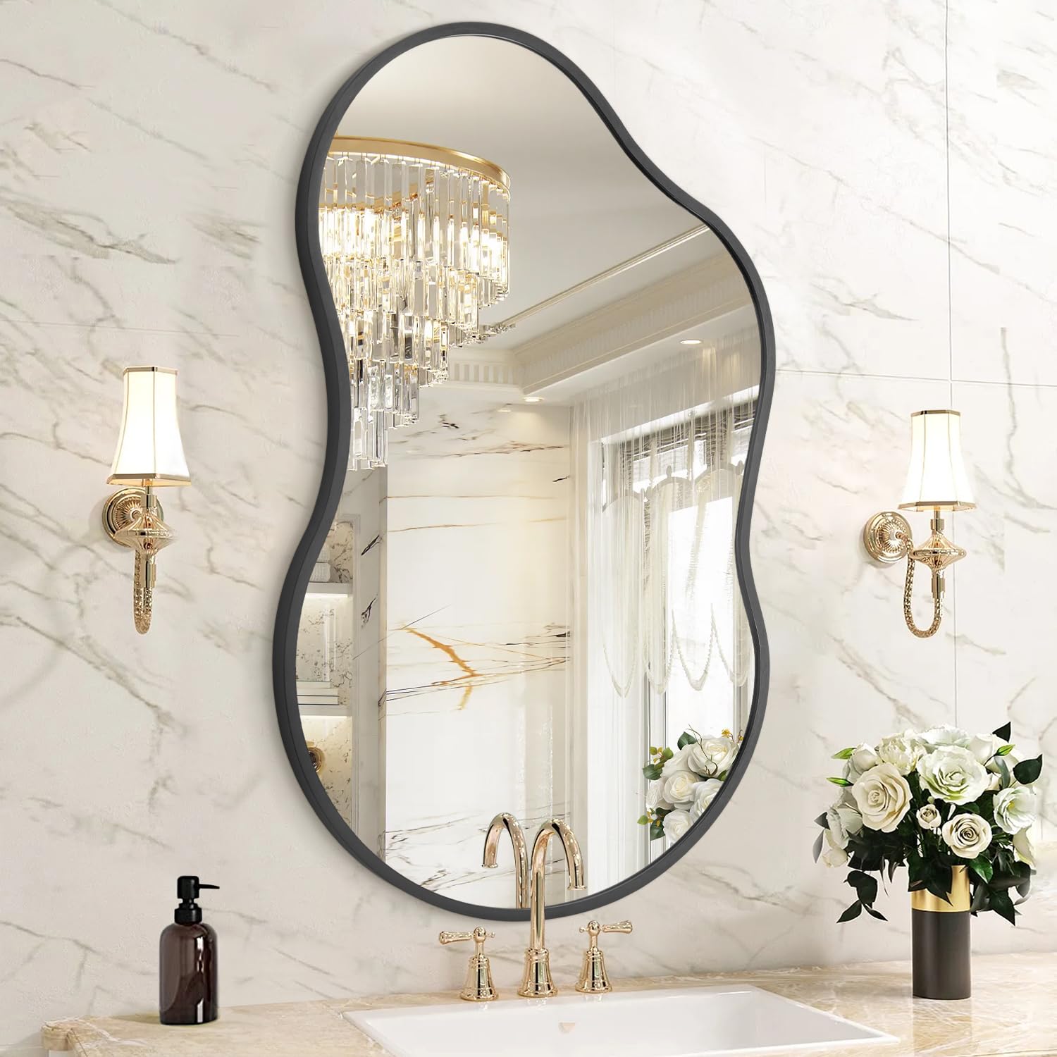 HLFMVWE Asymmetrical Wall Mirror Black Metal Framed Bathroom Irregular Decorative Mirror, 40X65 CM Asymmetrical Mirrors, Vanity Farmhouse, Anti-Rust, Tempered Glass