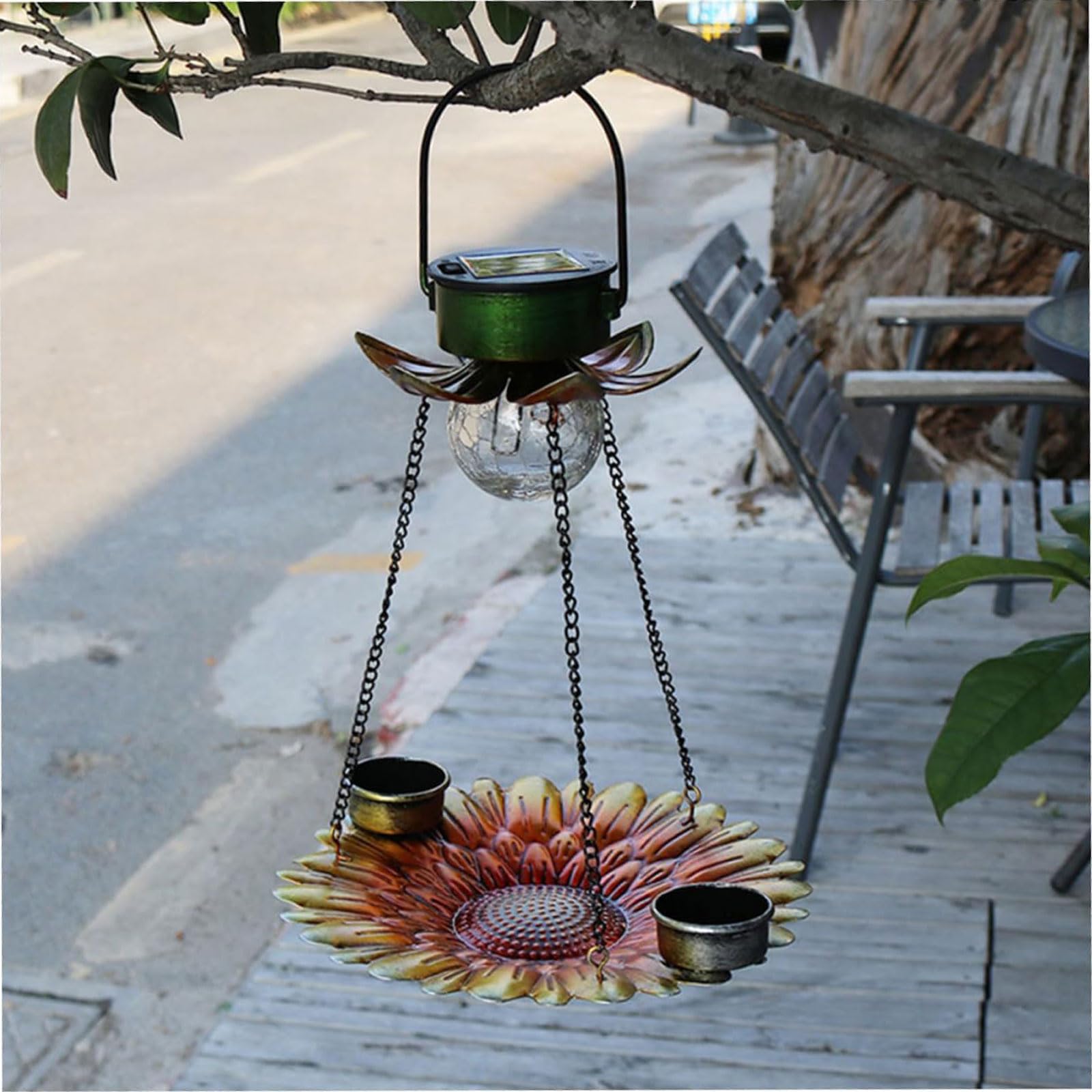 Solarbemalte Vogelfutterschalen, Vogelhäuschen für den Außenbereich, hängende Vogelfutterhäuschen aus Metall mit Wasserbecher für Garten, Hinterhof, Terrasse