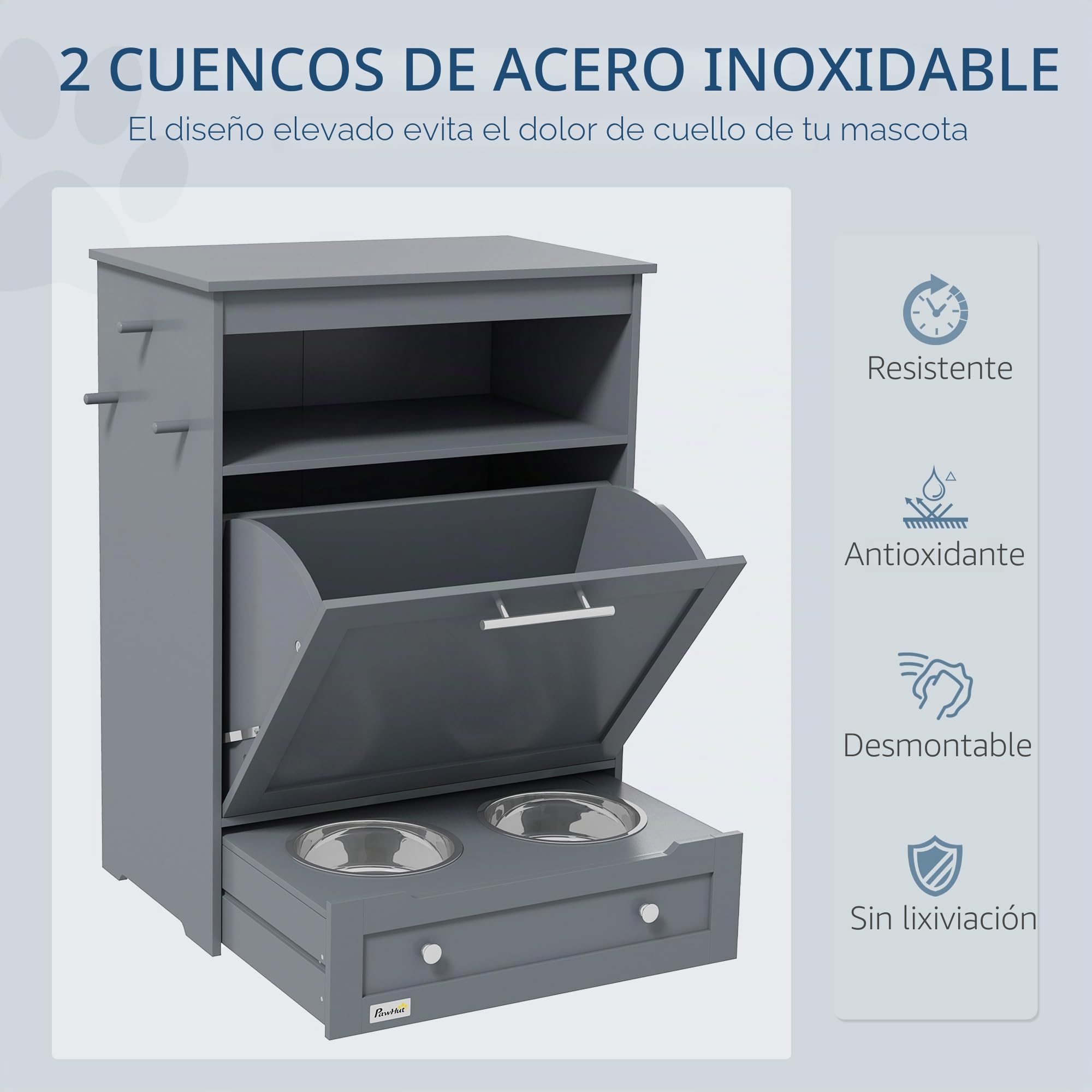 PawHut Estación de alimentación para mascotas, contenedor de almacenamiento de alimentos para perros con cuencos elevados para perros y colgador para suministros de alimentación y riego, gris
