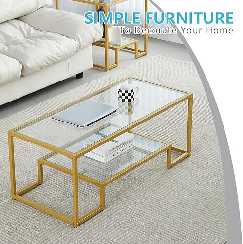 Miniatura 7 de Mesa de centro de cristal de metal dorado  Dos niveles con vidrio templado, elegante mesa de centro con marco de metal para dormitorio, comedor y