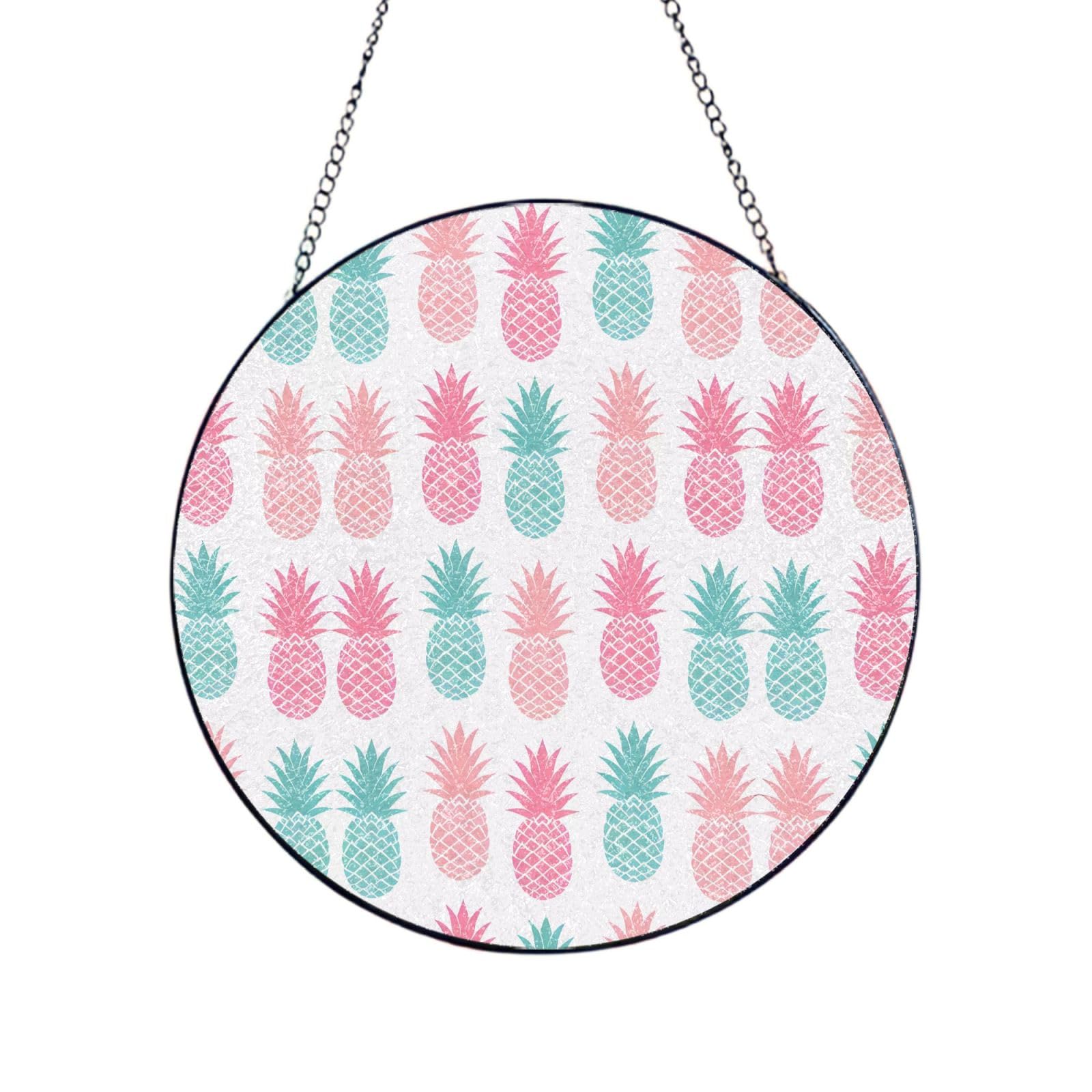 Phayah Summer Pineapple Print Glass Window Hanging Round Suncatcher Glass Ornament Garden Wall Fence Decorations Indoor Outdoor 12in（30cm）