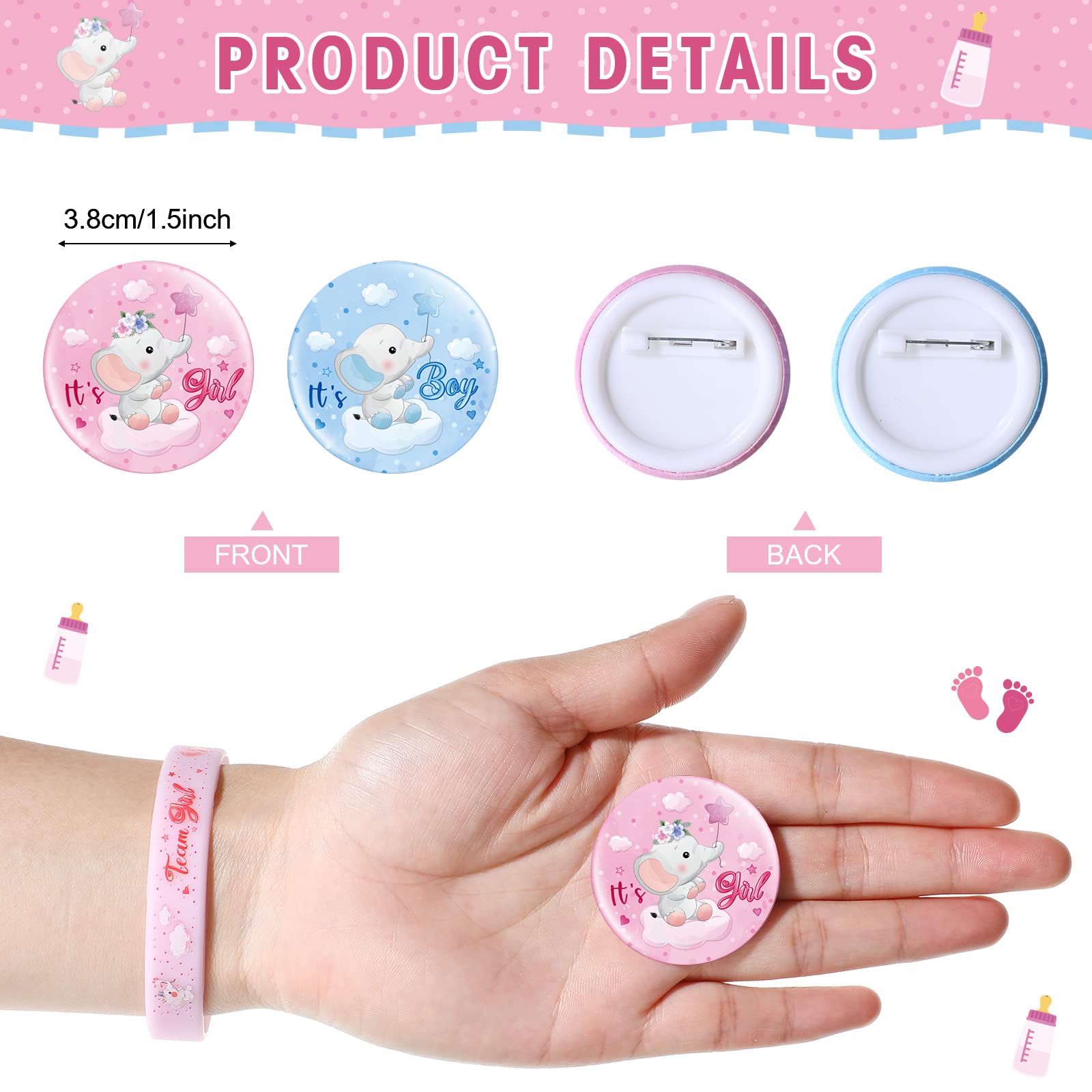 Set 48 Pezzi Per Gender Reveal - 24 Spille E 24 Braccialetti Team Boy/Girl, Per Baby Shower - Foto 4