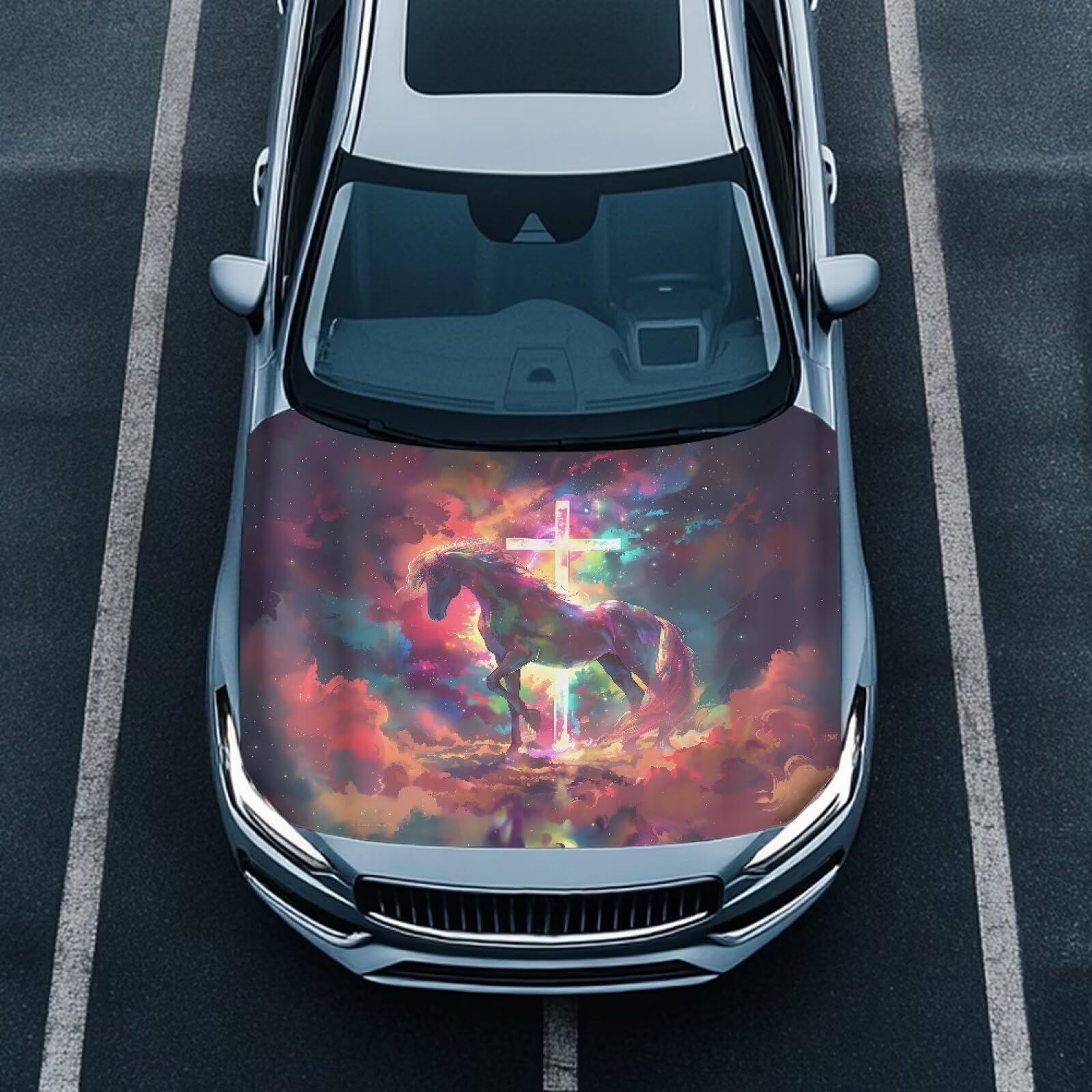 Car Hood Cover Elastic Polyester Cover for Car Hood Removable Automotive Accessories Easy Installation for Car Hood Decoration and Protection-Starry Sky Horse Print
