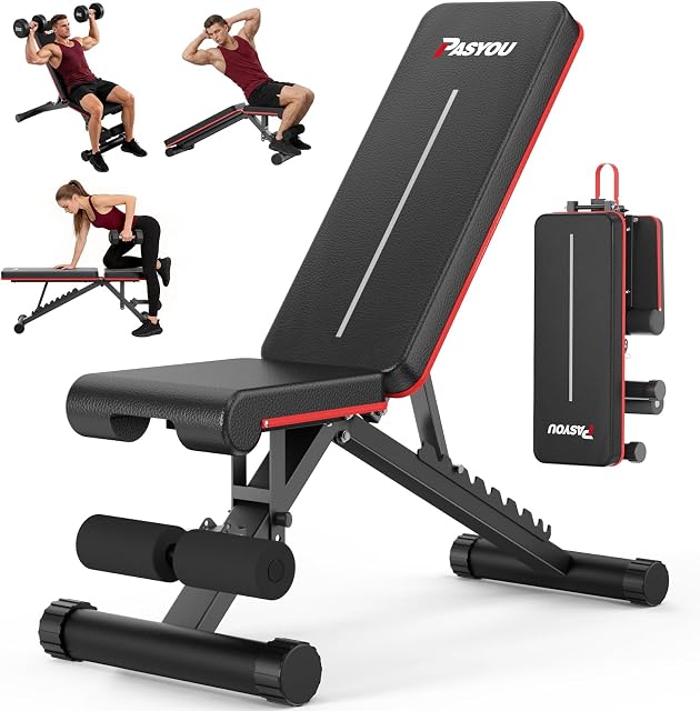 PASYOU Adjustable Weight Bench for Home Gym, 660LB Capacity, Foldable Workout Bench with 10 Position Incline Decline Flat, Extra Backrest Workout Bench for Full Body Training, Bench Press