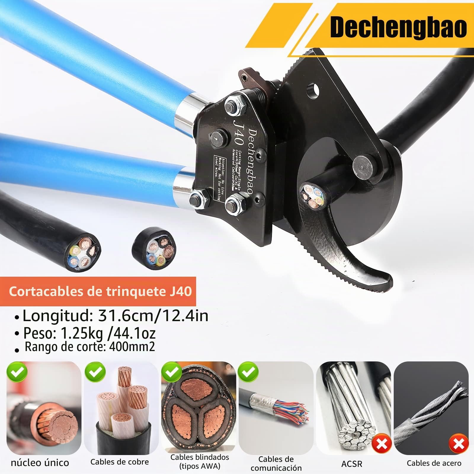 J40 - Cortador de alambre de alta resistencia para cable de cobre de aluminio de hasta 400 mm², cortadores de cables de trinquete