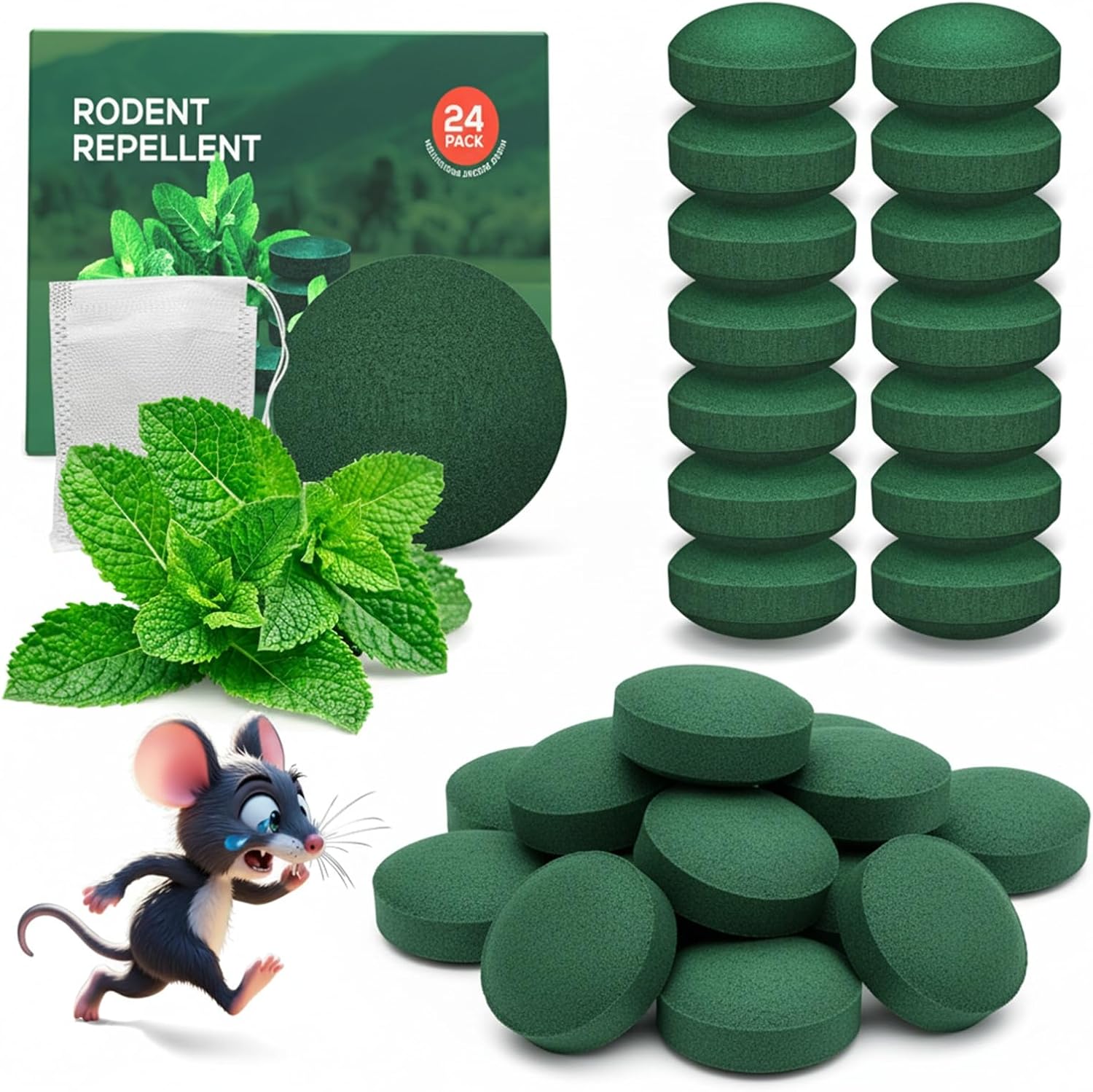 2026 New Squirrel Repellent - 24 Pack Peppermint Oil Squirrel for Outdoor, Rodent, Mice, Squirrel, Rat Repeller for Car Engines, Garden & Indoor Use (Green)