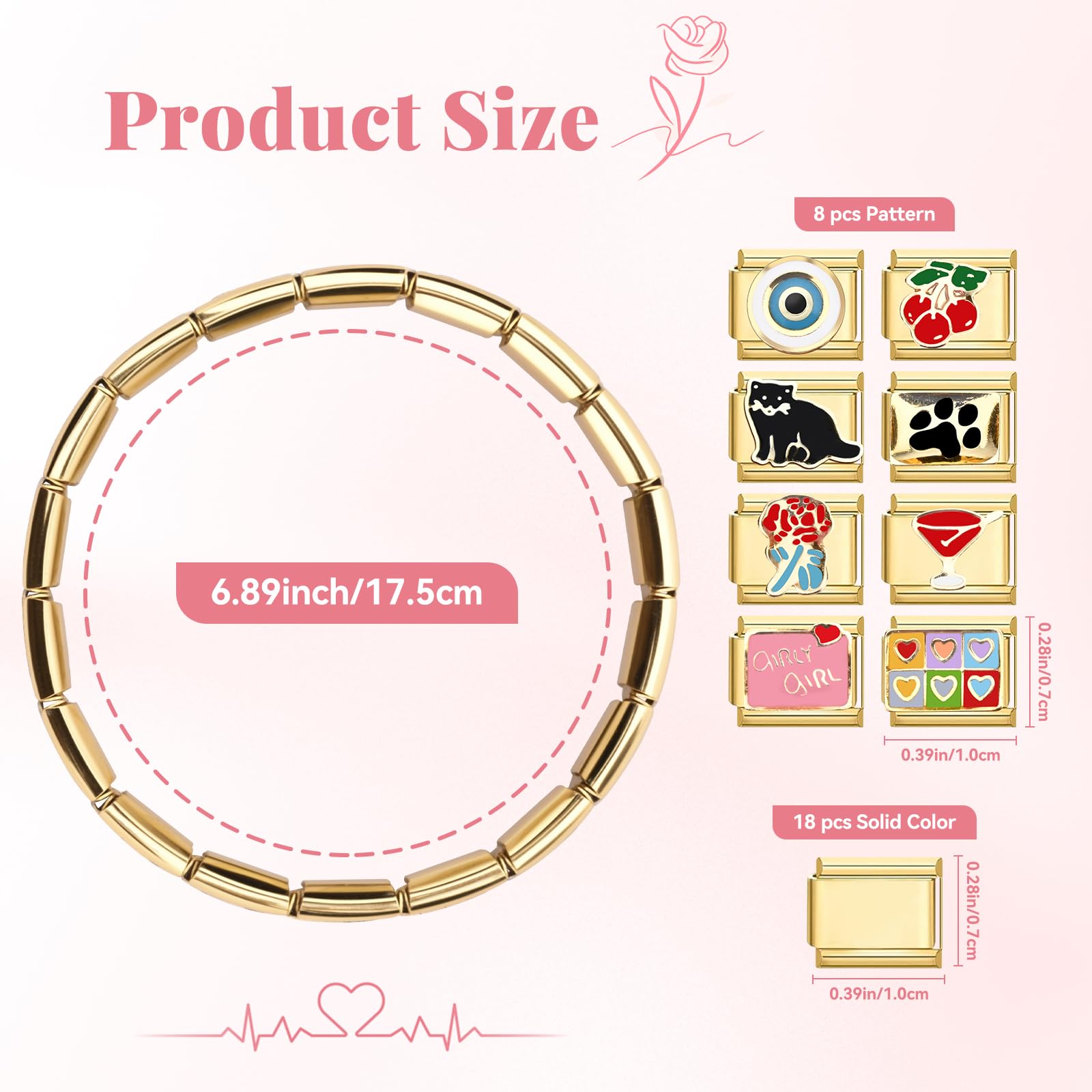 Włoska bransoletka charm, złota, włoska bransoletka charms, zestaw DIY, zdejmowane moduły do bransoletek 9 mm, włoska bransoletka charm, złota zawieszka z narzędziem do otwierania