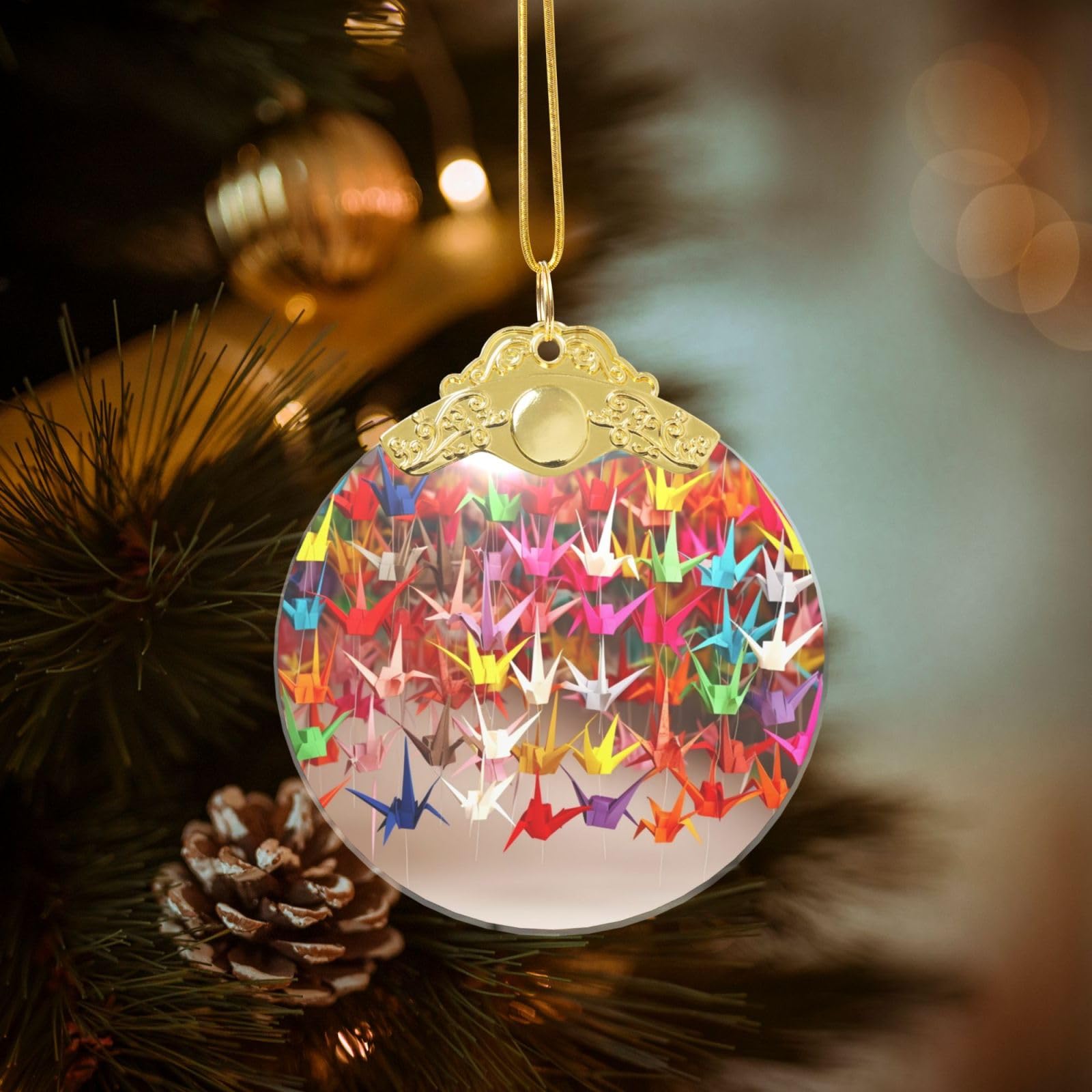 Crystal Christmas Ornaments for Christmas Tree Decoration Hanging Origami Paper Cranes Ornament with Gold Ribbon Crafts Round Pendant for Keepsake Gifts Glass Xmas Decor Party Supplies