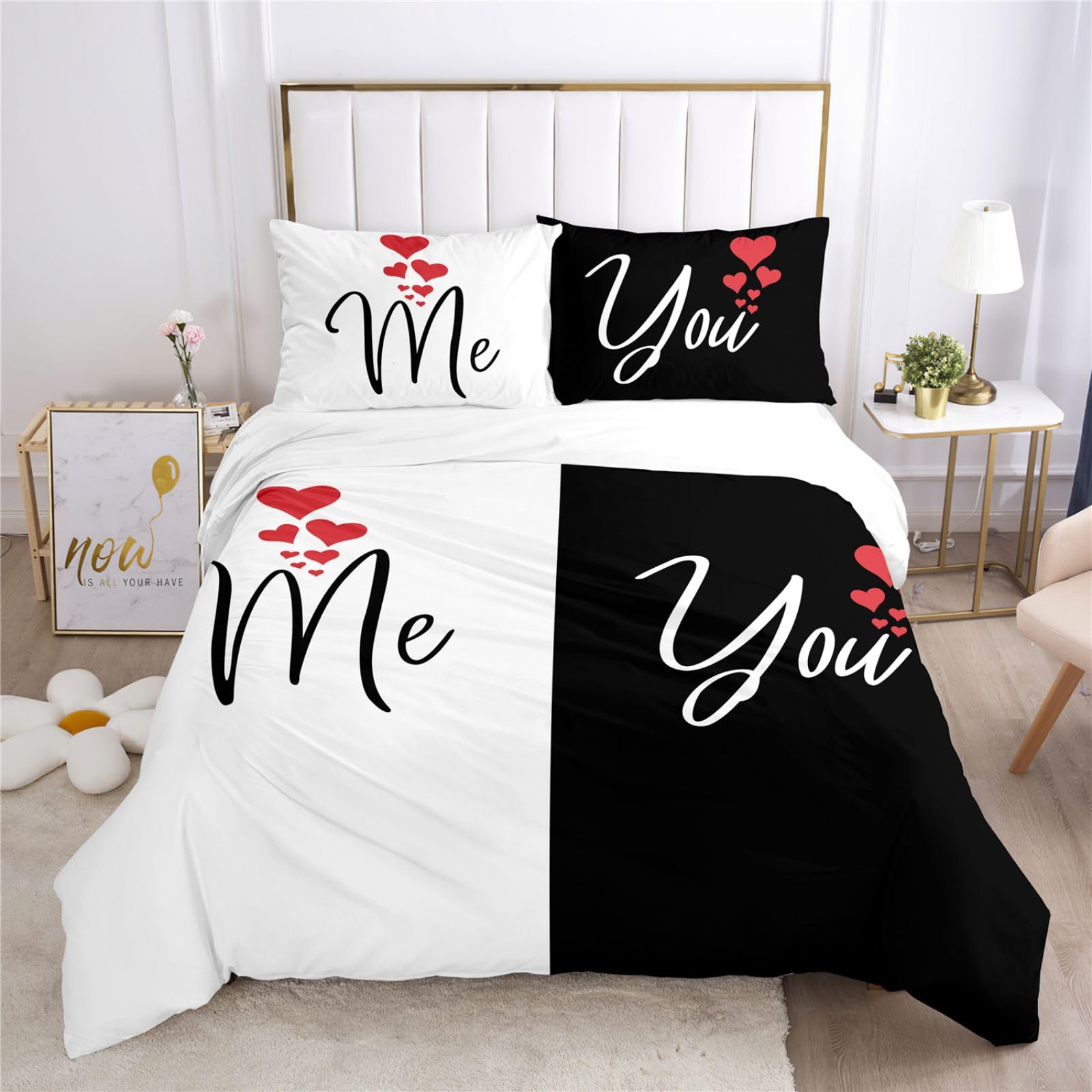 Freyamy 3D Partner Bettwäsche 135x200 4teilig Pärchen Aesthetic Bettwäsche Set für Paare Mikrofaser ÖKO-TEX Bettbezug 2 Deckenbezug mit Reißverschluss und 2 Kissenbezug 80x85cm
