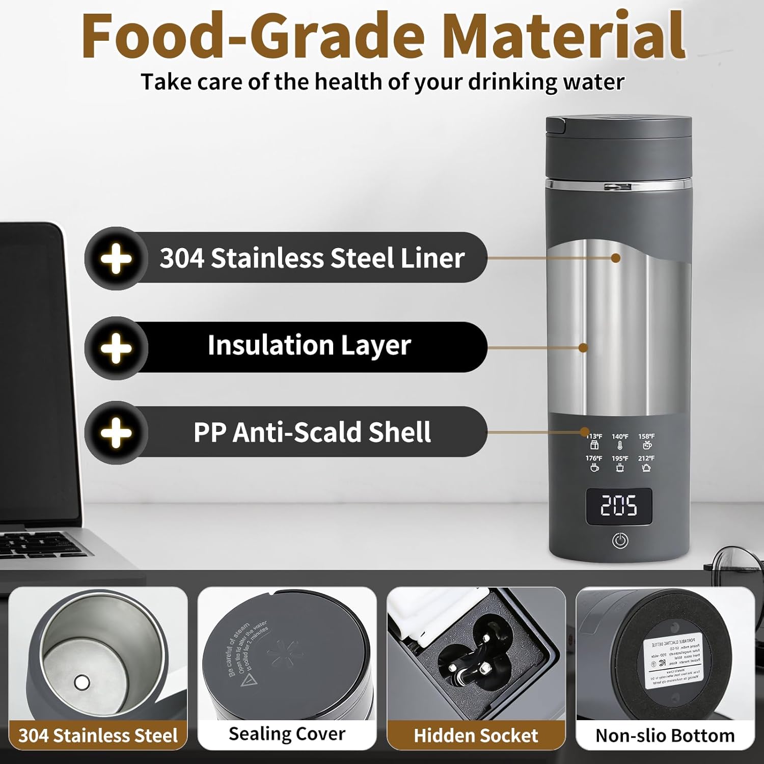Travel Electric Kettle, LCD Display with 6 Temperature Settings, 304 Stainless Steel, 450ml/15.2oz, Auto Shut-Off and Boil-Dry Protection, Compact Portable Electric Kettle, Gray