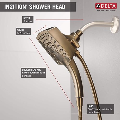 Miniatura 10 de Delta Faucet 5-Spray In2ition - Cabezal de ducha doble con rociador de mano, cabezal de ducha cromado con manguera, cabezales de ducha, acoplamiento