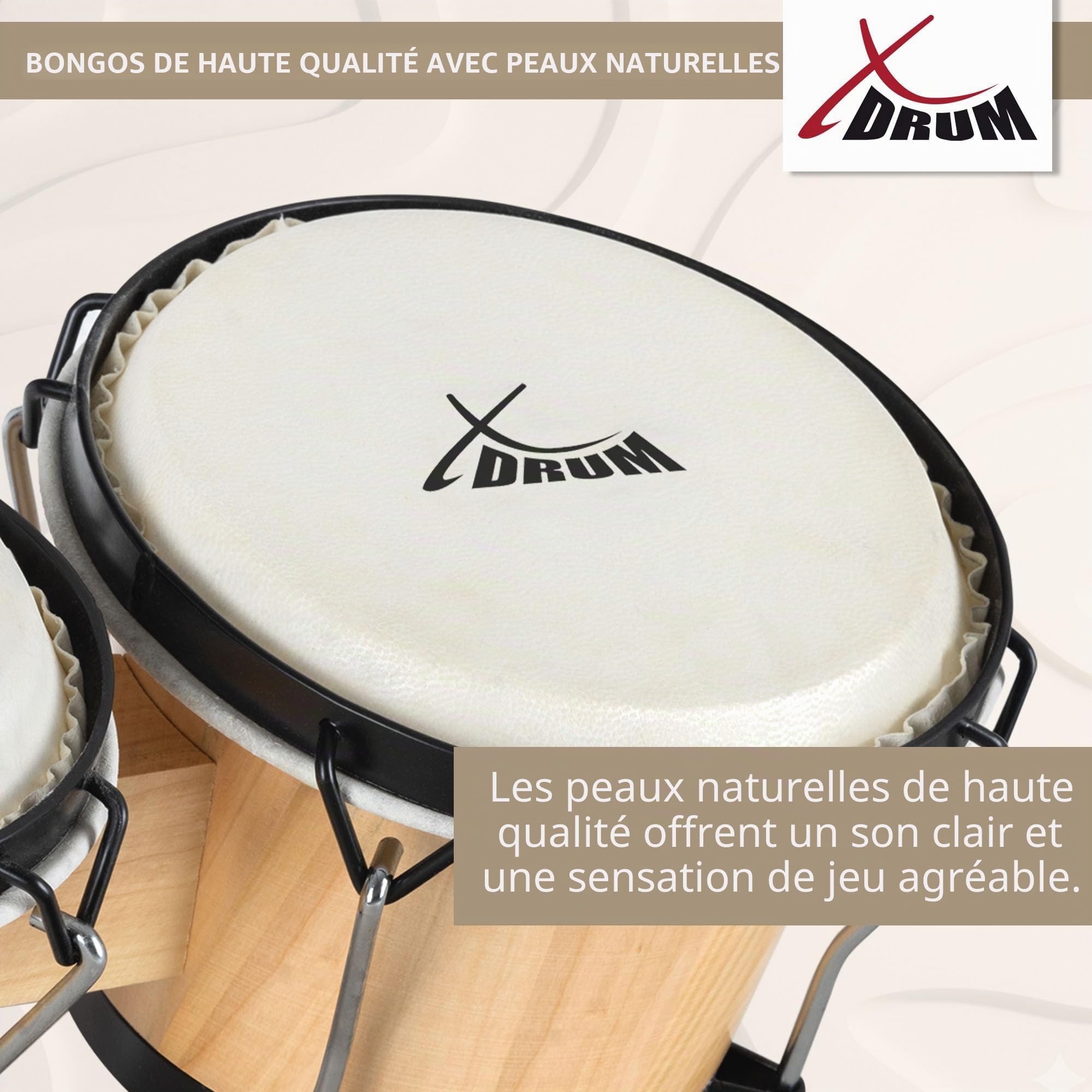 XDrum Bongos Club Nature, 2 tambours ("macho" et "hembra"), Bois: bouleau | Tailles de bongo: 6" et 7", Peaux naturelles, Quincaillerie chromée, Finition haut de gamme, Dimensions (H x L x P): 16, 5 cm
