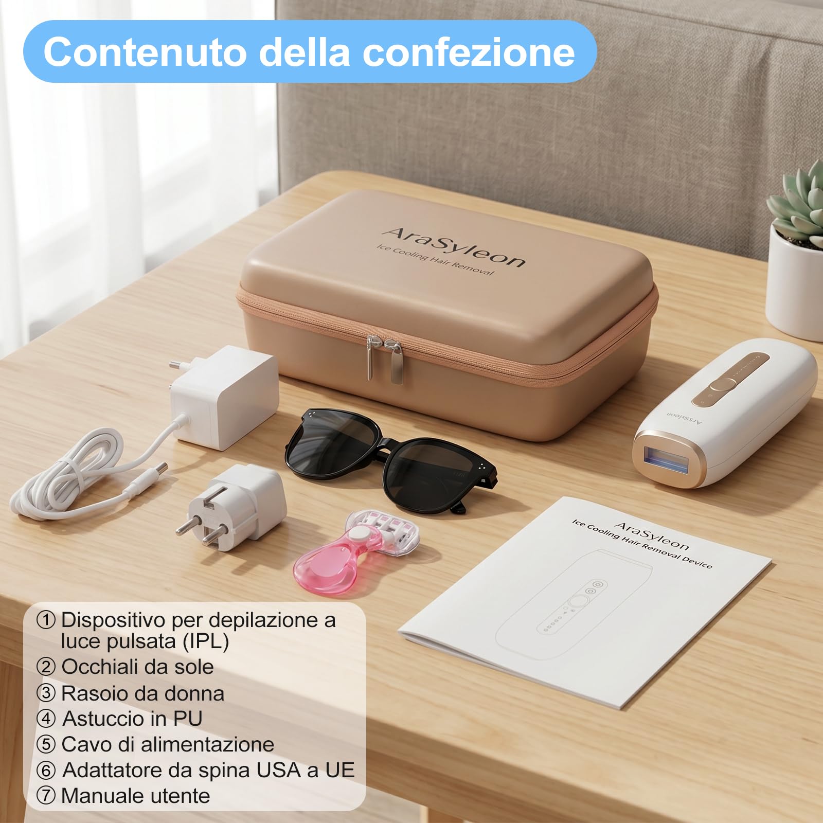 Epilatore IPL Con Raffreddamento Allo Zaffiro Per Uomo E Donna | Ampia Finestra Luminosa Da 4,5 cm², 5 Livelli Di Intensità, Inclusi Occhiali Protettivi, Rasoio E Borsa Portaoggetti