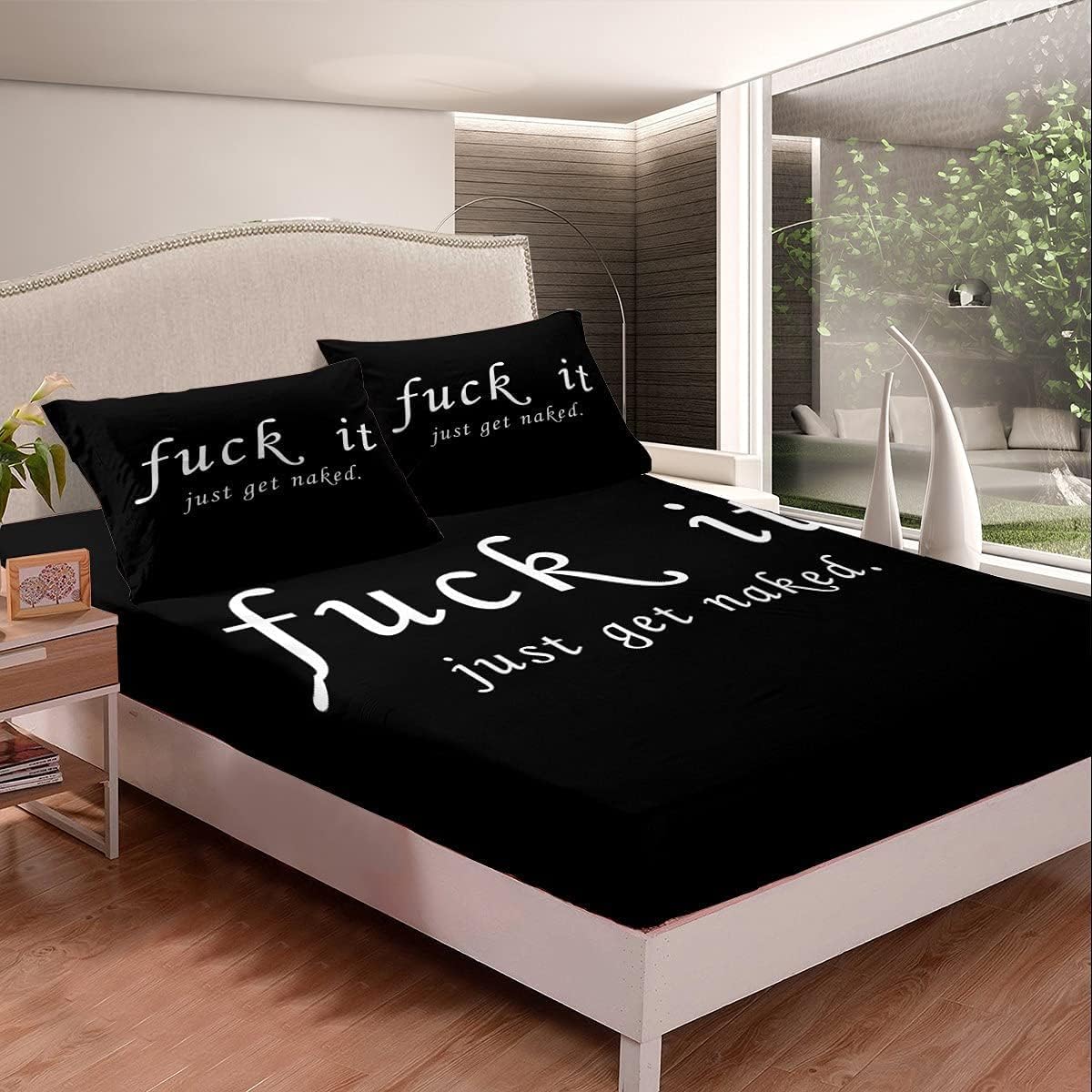 Funny Quotes Fitted Sheet & Pillow Sham Set Get Naked Bedding Set for Couple Lover Men Women Romantic Bed Sheet Set Black and White Creative Words Bed Cover No Flat Sheet 3Pcs King Size - Image 3