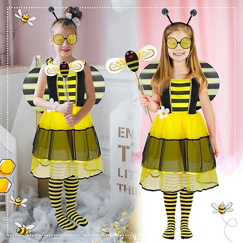 Miniatura 2 de Disfraz de abeja para niñas, 6 piezas, con vestido tutú, alas de abeja, varita, diadema, calcetines y lentes para niños y niñas, Halloween