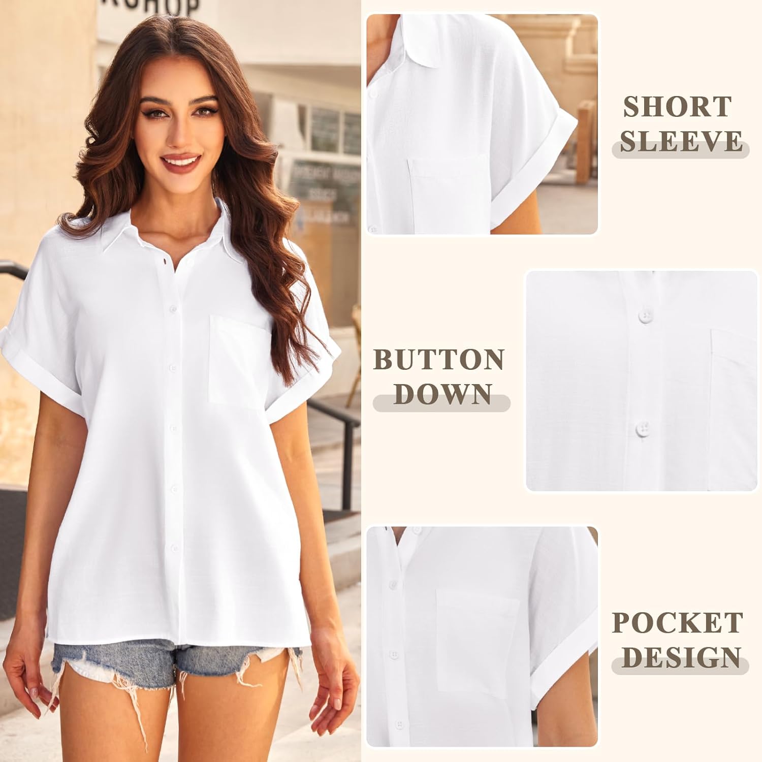 Womens Casual Cotton Linen Button Down Short Sleeve Shirts Solid Summer Beach Blouses Tops with Pocket - Image 5