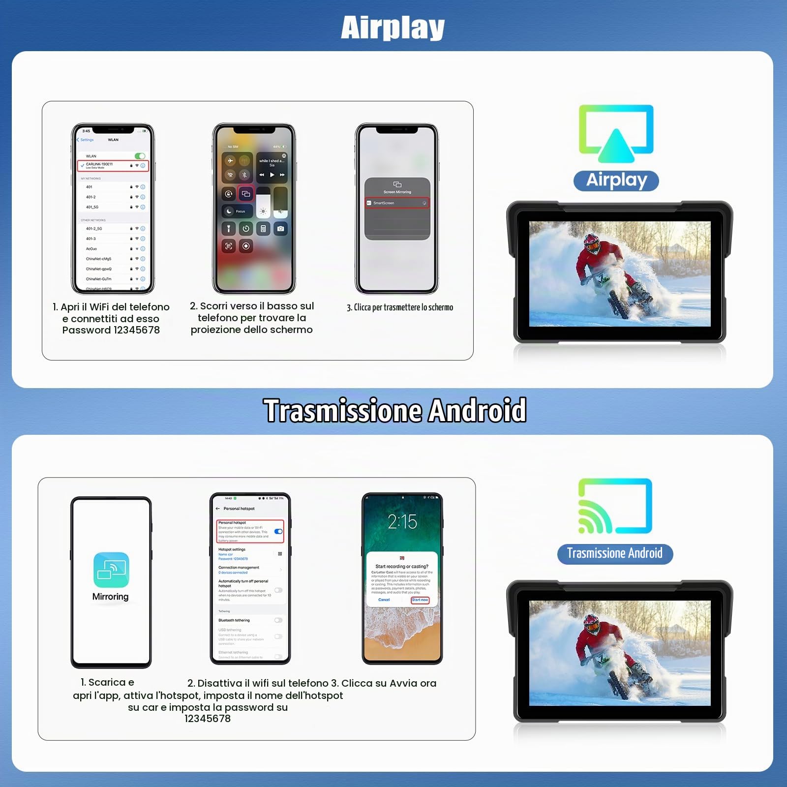 【CARPLAY 2026】CAMECHO Wireless Schermo Carplay Per Moto 12V, Touchscreen da 7 pollici Navigatore GPS Auto con IP68, Portatile Senza Fili CarPlay & Android Auto IP67 Impermeabile Touchscreen Bluetooth