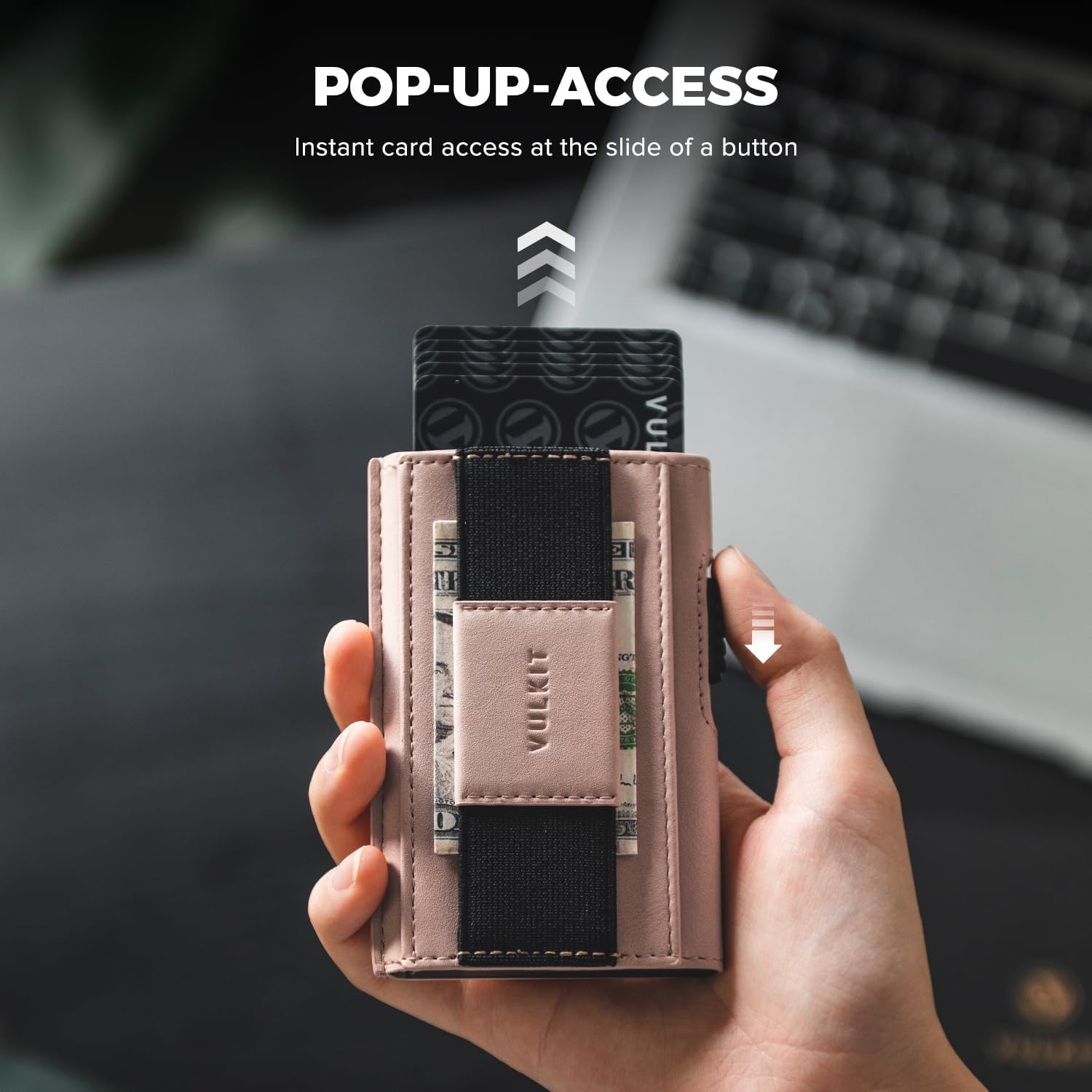 VULKIT Slim Aluminum Card Holder RFID Blocking with Outer Vegan Leather Sleeve, Pop-Up Card Wallet with ID Window and Elastic Strap for Money, Pink - Image 2