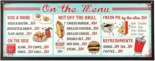 Letrero de metal en relieve con texto en relieve «On the Menu» – Letrero de menú vintage con acabado envejecido para cocina o cueva de hombre