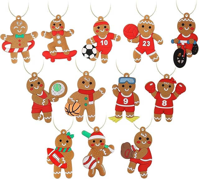 AIEX 12pcs Gingerbread Man Ornaments, Lovely Interesting Gingerbread Man Hanging Decors for Christmas Tree Hanging Decorations (Sports Series)