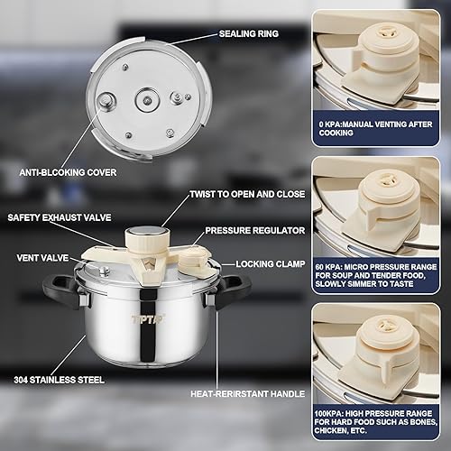 Miniatura 5 de TIPTAP Olla a presión de acero inoxidable de 4.5QT5L, olla multifuncional con tapa de vidrio, ideal para cocinar al vapor, sopas, cocción a presión,